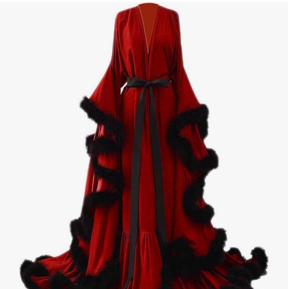 Feather Bridal Robe Wedding Scarf Long Lingerie Robe Nightgown Bathrobe L/Xl